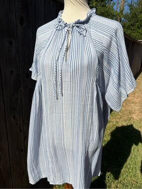 H&M Blue & White Striped Tie-Neck Peasant Coverup Tunic